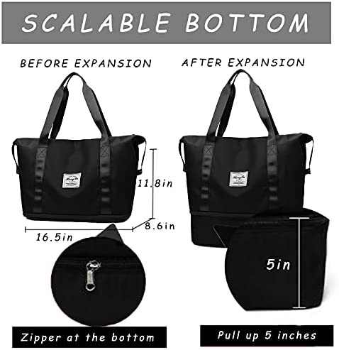 Duffle Bag, Travel Bag, Dry and Wet Separated Pocket Expandable Travel Duffel Bags, Weekender Carry On For Women, Sports Tote Gym Bag, Workout Duffel Bag, Overnight Shoulder Bag (Black) - Afbeelding 4