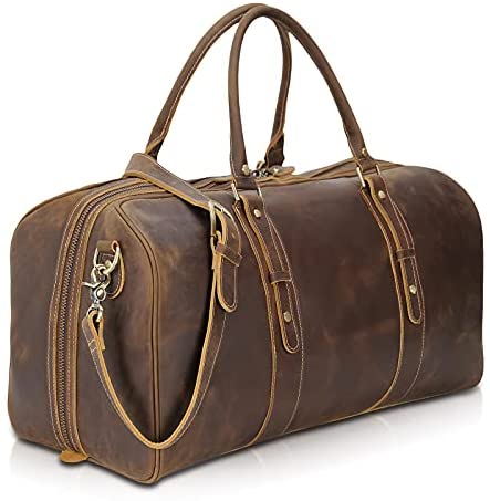 Polare 23" Full Grain Leather Weekender Travel Overnight Luggage Duffel Bag For Men(Dark Brown)