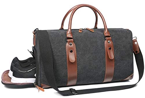 Oflamn Duffle Bag Canvas Leather Weekender Overnight Travel Carry On Tote Bag with Shoe Compartment and Toiletry Bag (Black) - Afbeelding 3