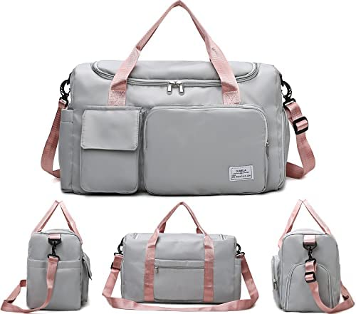 Upgrade Lightweight Waterproof Travel Duffel Bag, Sports Tote Gym Bag, Shoulder Weekender Overnight Bag with Wet Pocket & Shoes Compartment for Women (E-Grey)