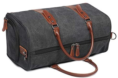 Oflamn Duffle Bag Canvas Leather Weekender Overnight Travel Carry On Tote Bag with Shoe Compartment and Toiletry Bag (Black) - Afbeelding 8