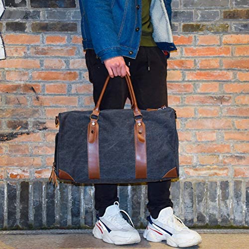 Oflamn Duffle Bag Canvas Leather Weekender Overnight Travel Carry On Tote Bag with Shoe Compartment and Toiletry Bag (Black) - Afbeelding 7