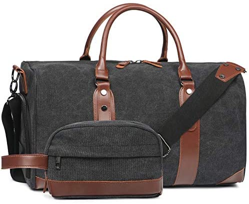Oflamn Duffle Bag Canvas Leather Weekender Overnight Travel Carry On Tote Bag with Shoe Compartment and Toiletry Bag (Black)
