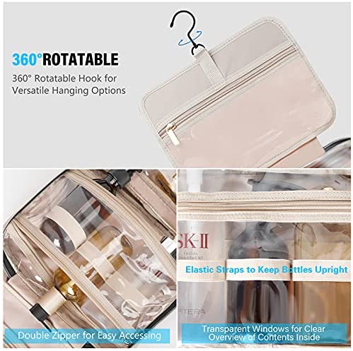 BELLSPIN Toiletry Bag Womens Clear Travel Makeup Bags with Hanging Hook, Travel Makeup Organizer Cosmetic Bag for Travel Toiletries and Shower Accessories(Shell Pink) - Afbeelding 3