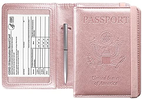 ACdream Passport and Vaccine Card Holder Combo, Cover Case with CDC Vaccination Card Slot, Leather Travel Documents Organizer Protector, with RFID Blocking, for Women and Men, Rose Gold