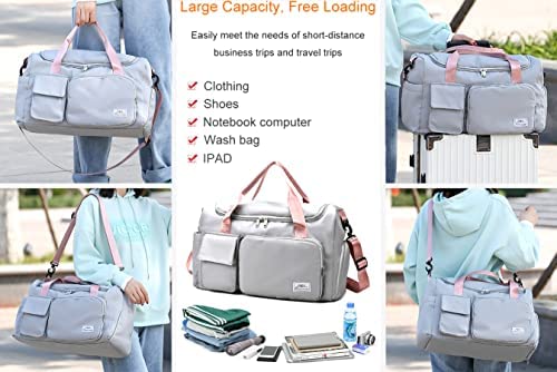 Upgrade Lightweight Waterproof Travel Duffel Bag, Sports Tote Gym Bag, Shoulder Weekender Overnight Bag with Wet Pocket & Shoes Compartment for Women (E-Grey) - Afbeelding 4