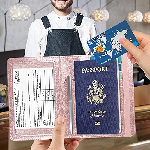 ACdream Passport and Vaccine Card Holder Combo, Cover Case with CDC Vaccination Card Slot, Leather Travel Documents Organizer Protector, with RFID Blocking, for Women and Men, Rose Gold - Afbeelding 2